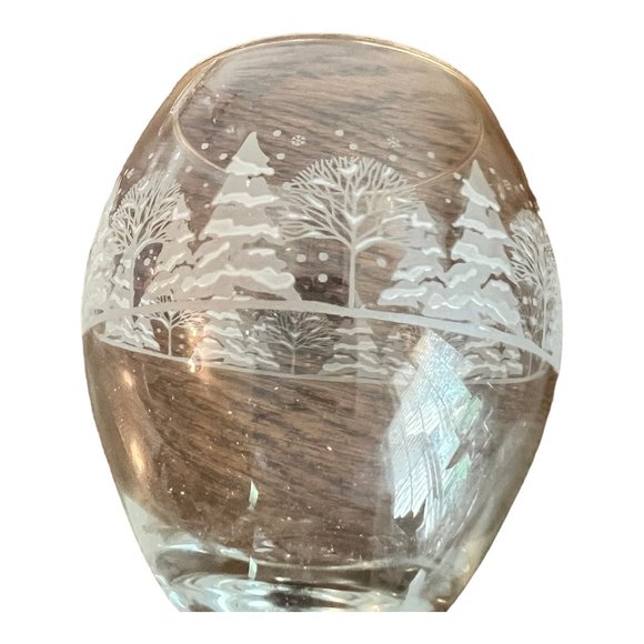 3 Hand Blown Glass Clear Goblet Wine Glasses Etched Winter Scene Snow Trees 7.5" - Picture 6 of 7